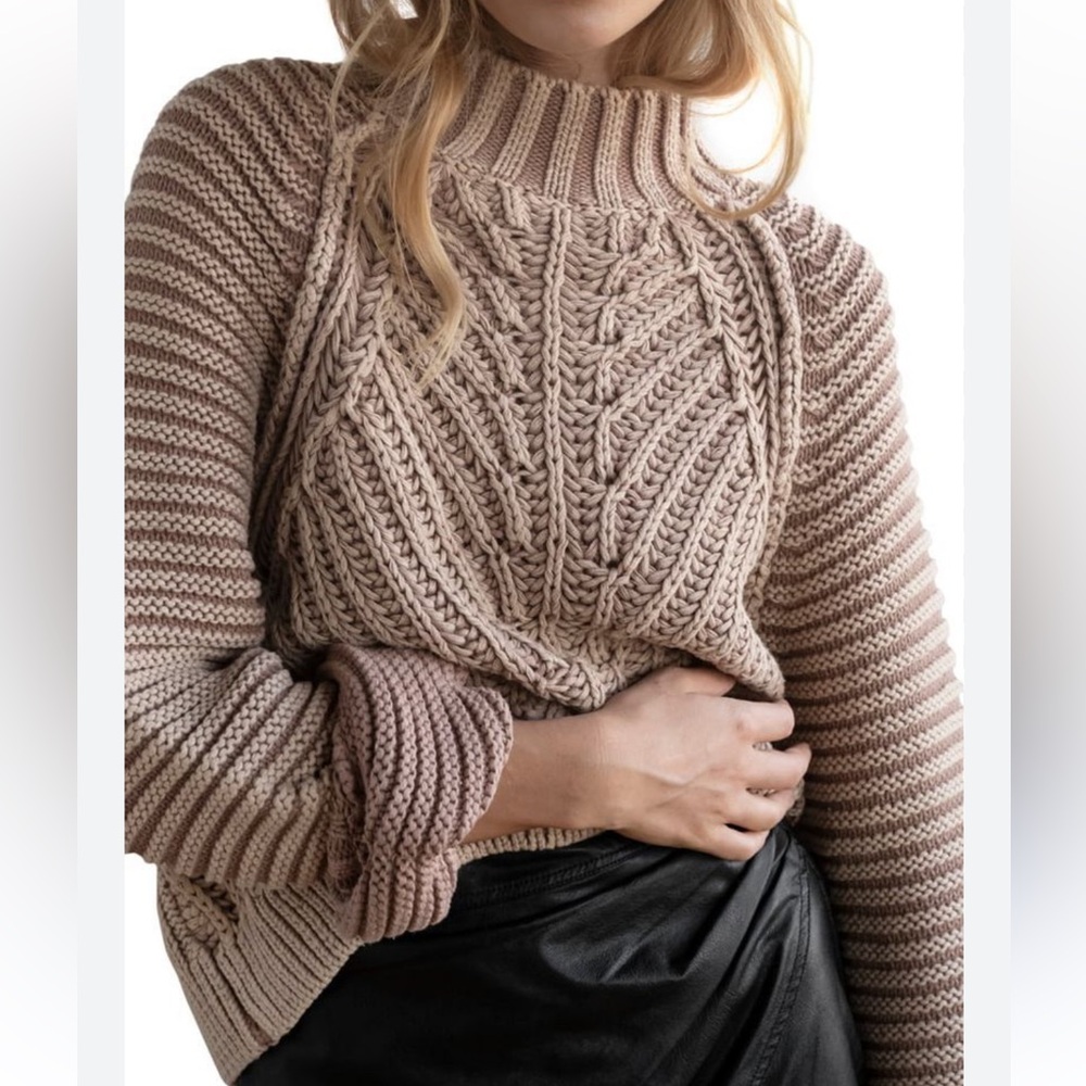 Free People Sweatheart Mock Chunky Knit Balloon Sleeve Sweater Sand Castle-Small